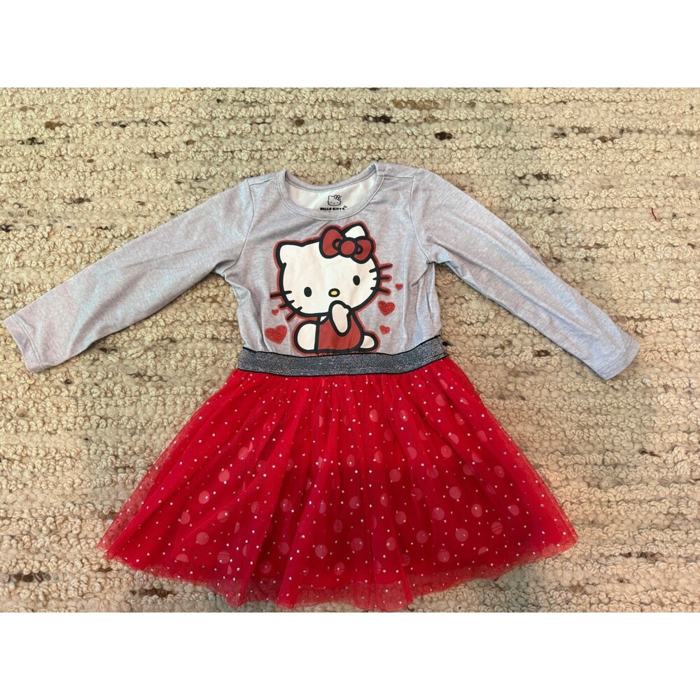 Hello Kitty Red Tulle Tutu Dress Girls Size 2T Gray Long Sleeve Holiday Party